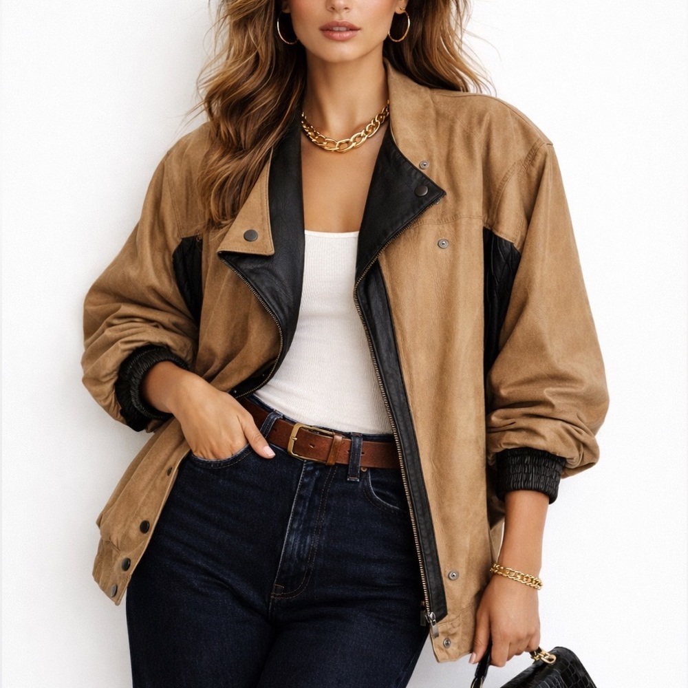 Mango Vintage Two Tone Leather Bomber Jacket - Size 6 - Picture 15 of 15